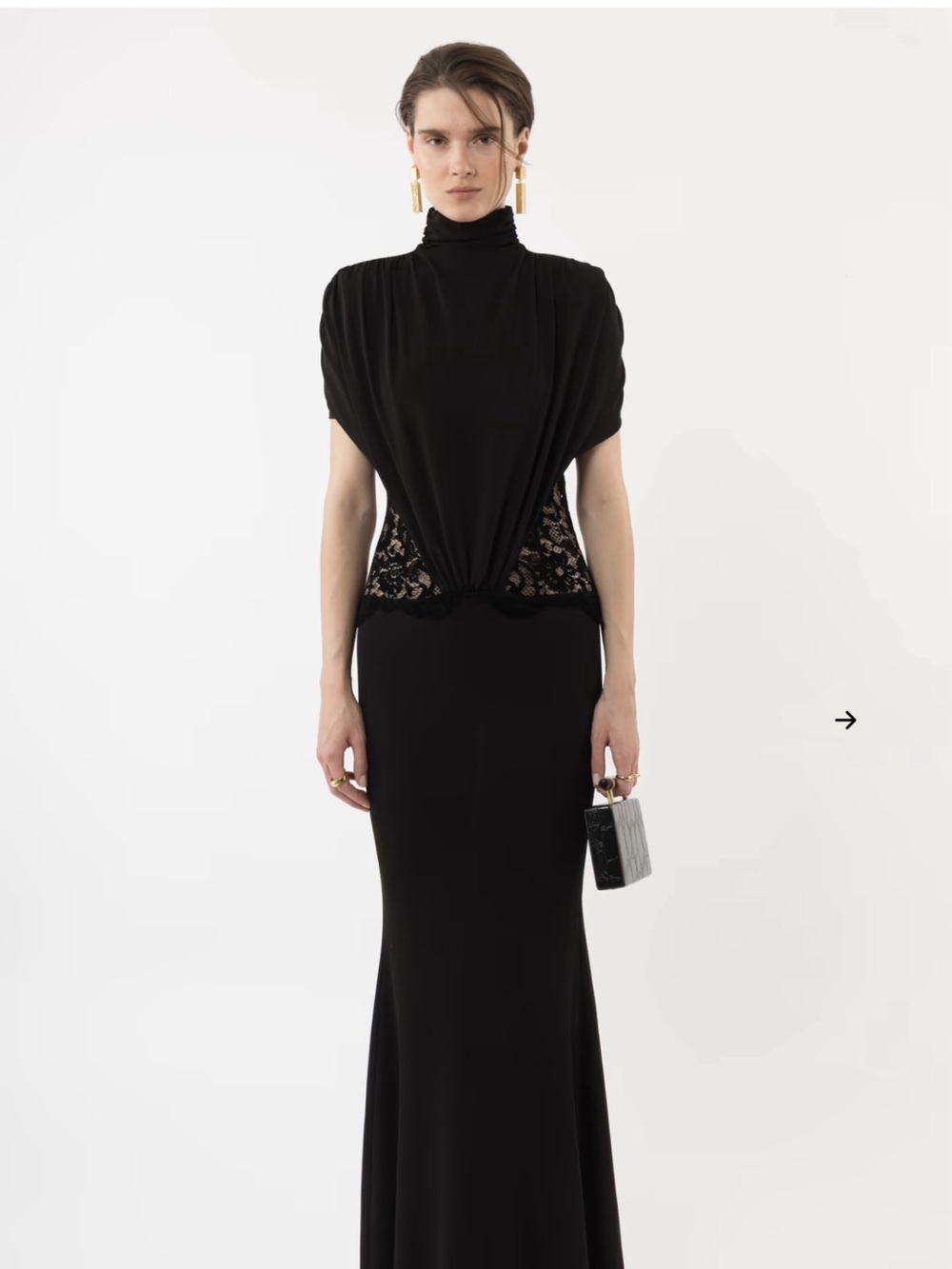 High-Neck Black Maxi Dress with Lace Waist Detail